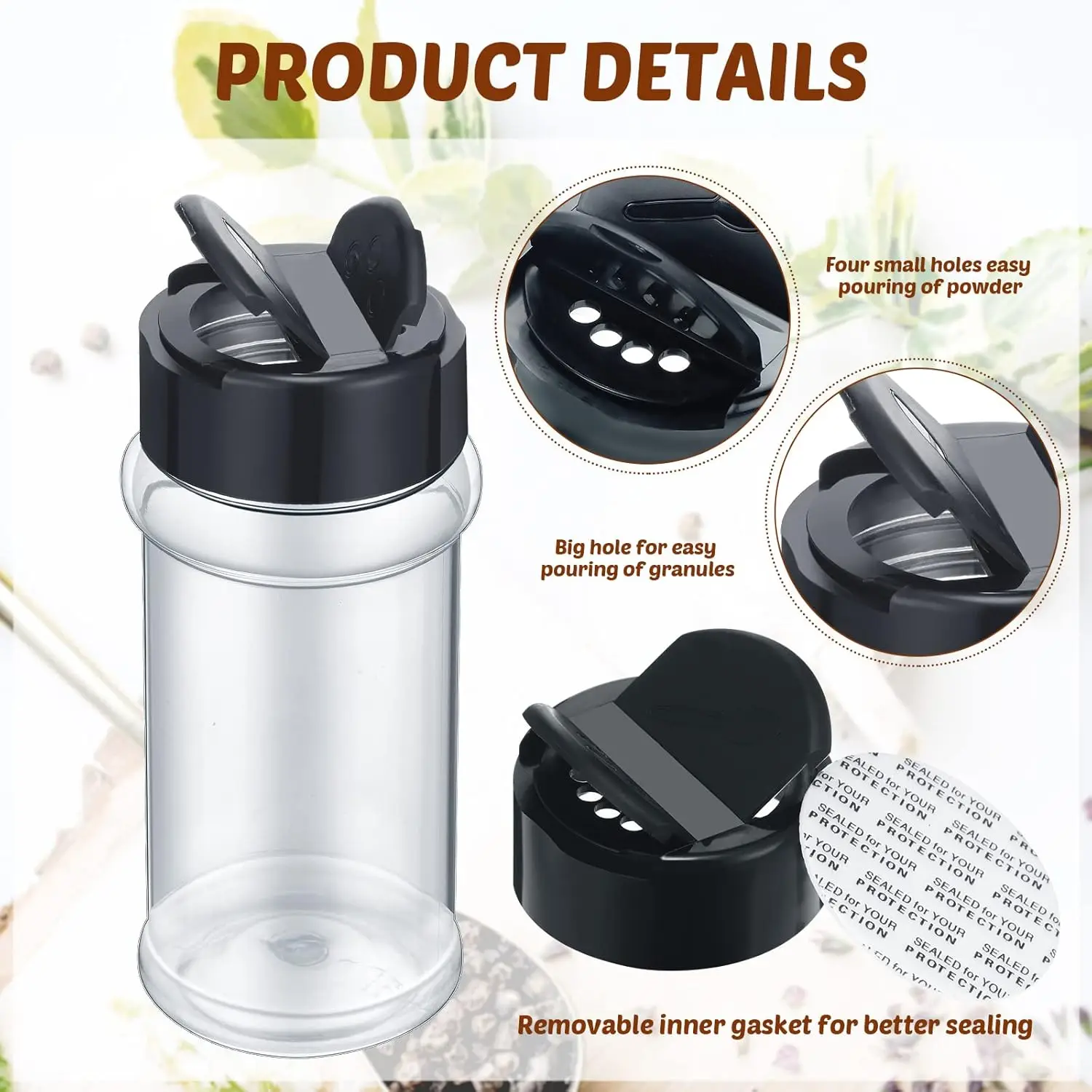 3oz Klare Kunststoff-Gewürzdosen mit schwarzen Streudeckeln, leere Gewürzflaschen mit Deckeln für die Küchenlagerung – Detail 5