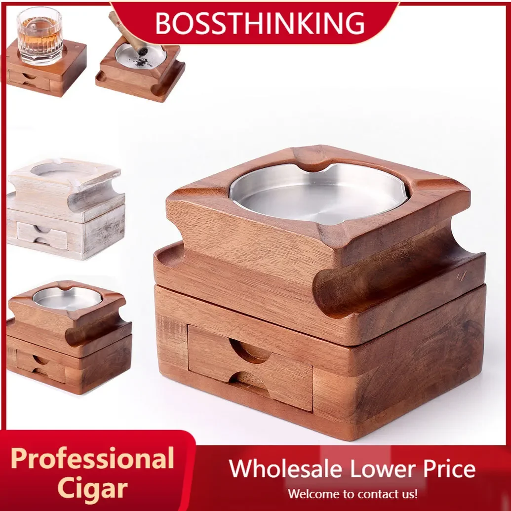 

Cigar Ashtray Whiskey Cup Holder Wooden Ashtray Stainless Steel Inner Liner Detachable Cigar Tray Ash Tray with Drawer