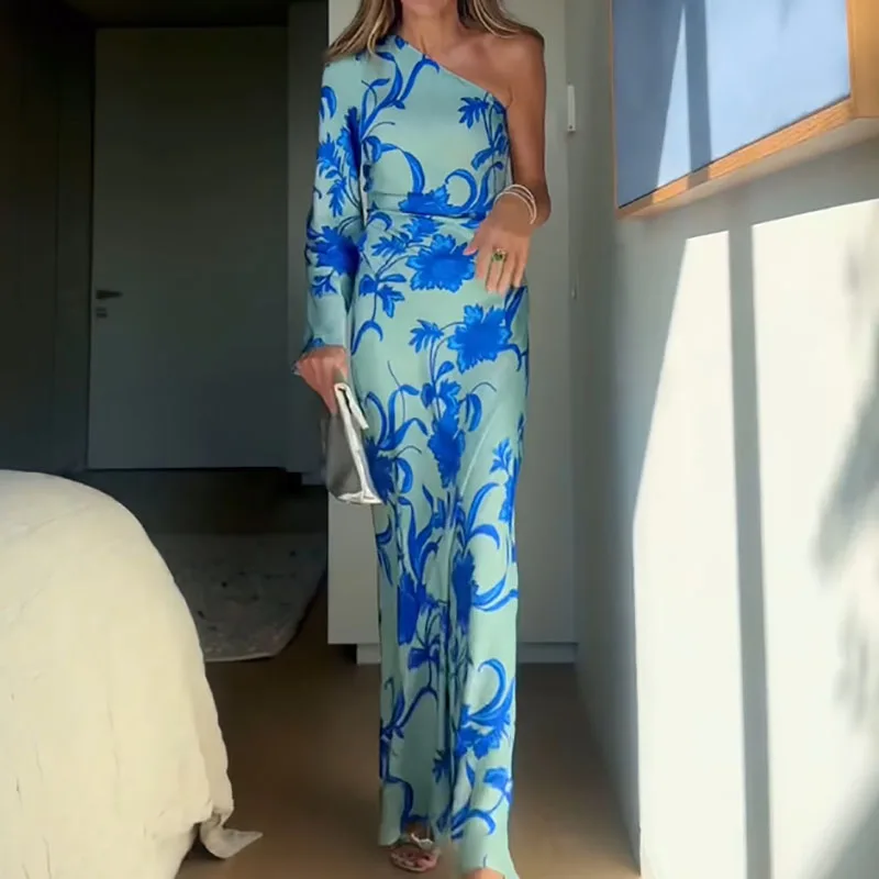 Herfst nieuwe off-shoulder jurk met lange mouwen Casual asymmetrische hoog getailleerde vakantiejurk Sexy uitgeholde strandfeestjurken