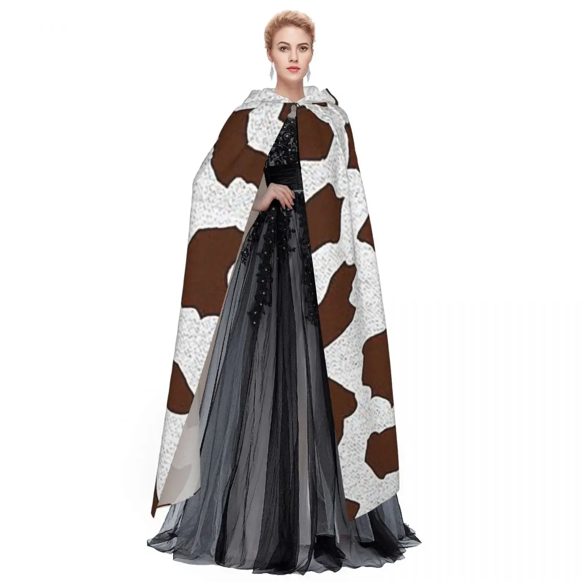 Capa longa com capuz padrão de manchas de vaca marrom, fantasia medieval de bruxa, capa cosplay, casaco de halloween adulto unissex