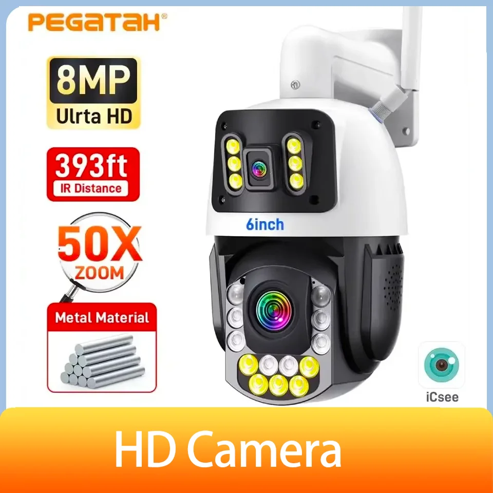 

HD 8MP 4K IP-камера безопасности 50-кратный зум Wi-Fi PTZ-камера с двумя объективами и двойным экраном Камера видеонаблюдения Обнаружение человека Автоматическое отслеживание