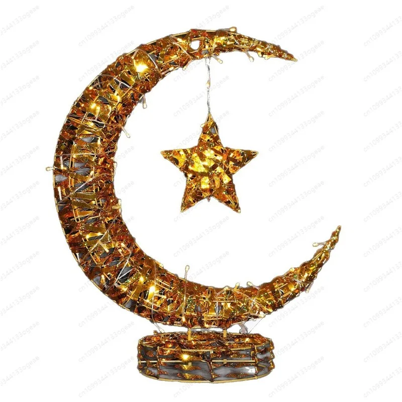 Star and Moon Set with Base, Wrought Iron Flash Glitter Decor, Christmas Celestial Hanging Ornament