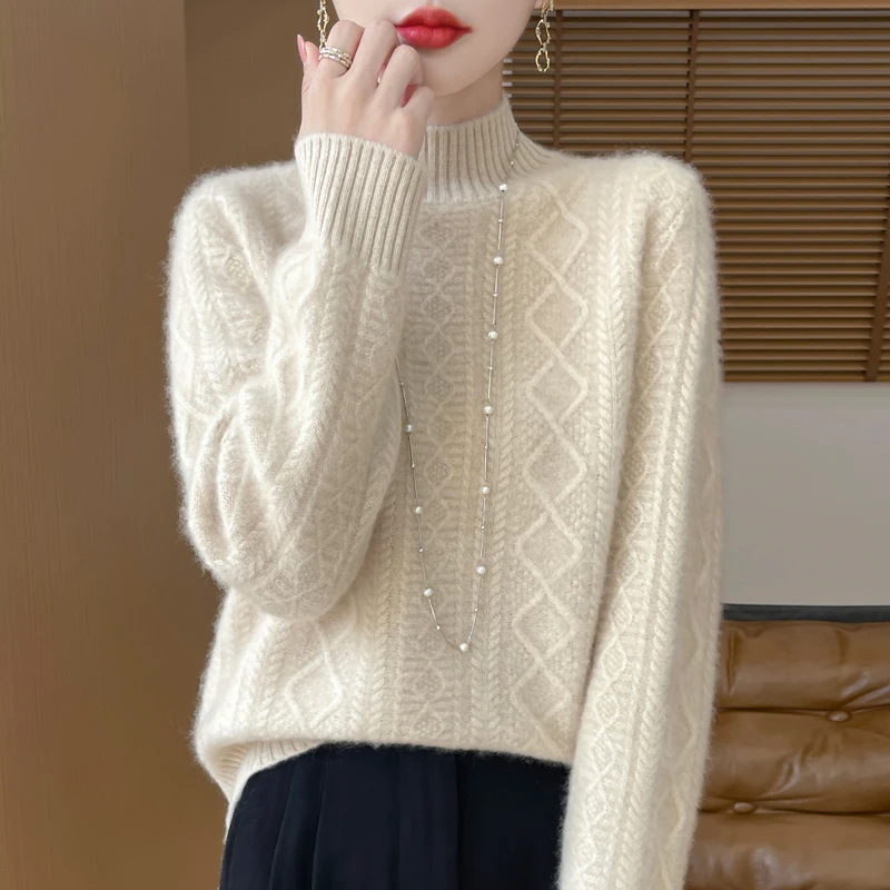 Miękki sweter z golfem z dzianiny wełny merino 100%, kaszmirowy pulower z długim rękawem, jednolity kolor, modny, ciepły, miękki damski top odzieżowy.