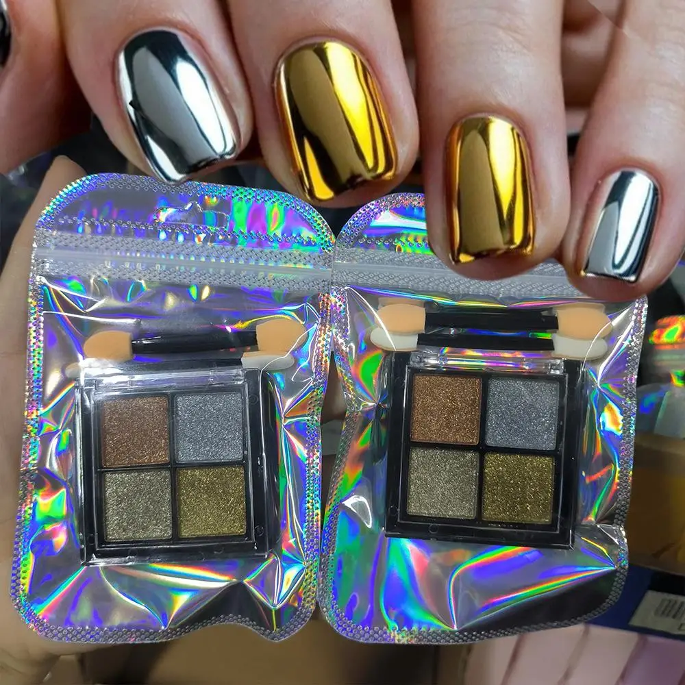 4 Kolory/Pudełko Metaliczny Puder do Paznokci z Efektem Lustra z 2 Pędzelkami Złoty/Srebrny/Szampański Chromowany Pigment w Proszku do Paznokci do Żelu UV