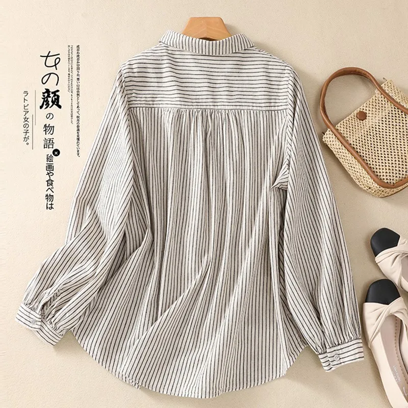 Women Long Sleeve Striped Shirt New 2024 Spring Vintage Style Turn-down Collar Basics Female Cotton Casual Tops Shirts B3668