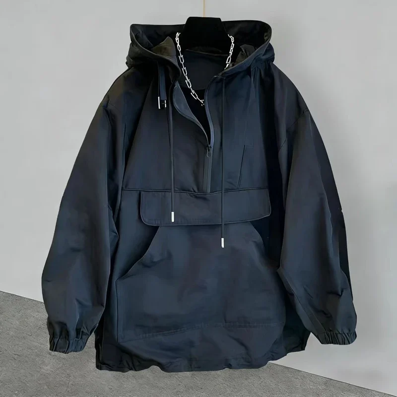 Hip Hop Streetwear Men Jacket Half Zip Hooded Anorak Coat  Fashion Loose Windbreaker Outwear Male Harajuku Style Jackets