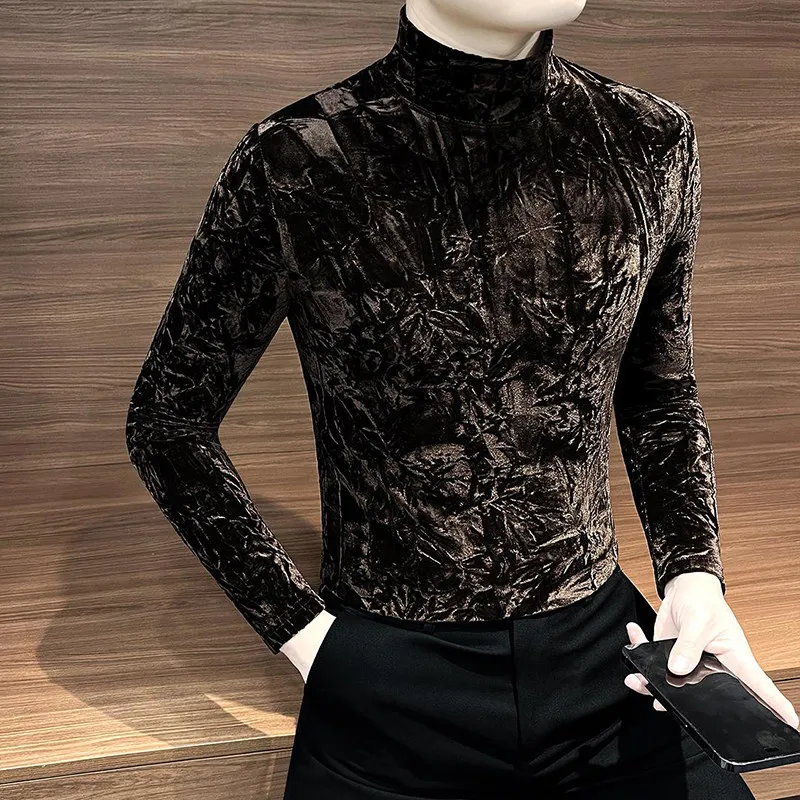 

Мужская вельветовая футболка с длинным рукавом и высоким воротником, осенне-зимняя, модная, брендовая, теплая, для ношения под одеждой, облегающая