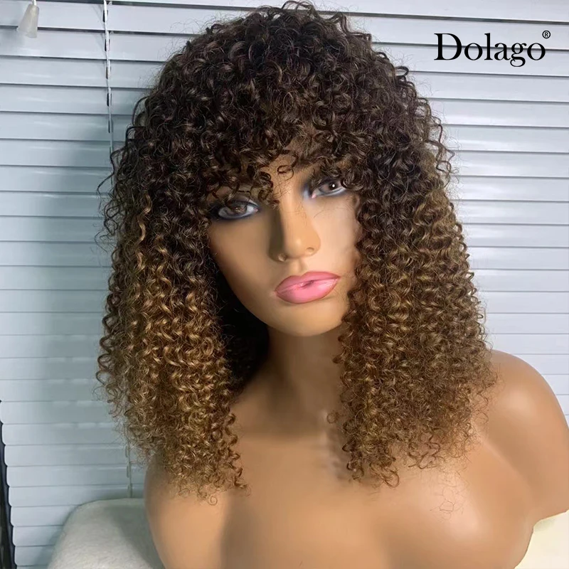 Pixie Cut Human Hair Wigs Short Bob Kinky Curly Wigs For Women Brazilian Virgin Hair Black Bangs 4/40 Ombre No Lace Wig Dolago