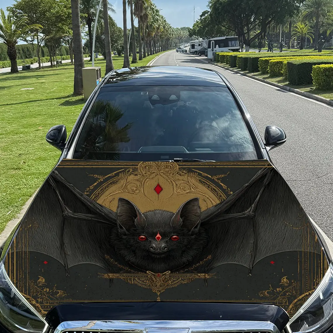 

Темная стильная летучая мышь с рубиновыми глазами, автомобильная виниловая пленка, материал ПВХ, водонепроницаемая наклейка на капот автомобиля, самоклеящаяся устойчивая к царапинам наклейка