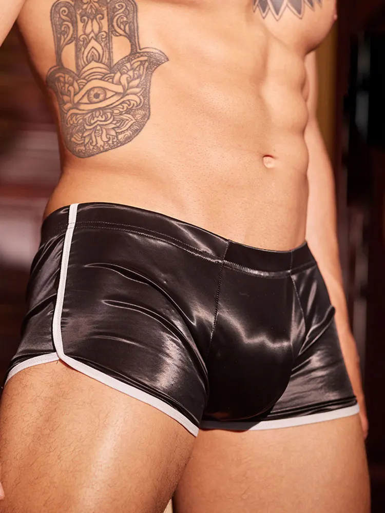 

Сексуальные мужские трусы с низкой талией, блестящие модные боксеры с U-образным выпуклым мешочком, нижнее белье, горячая короткая кожа, мягкое мужское нижнее белье, мужское нижнее белье