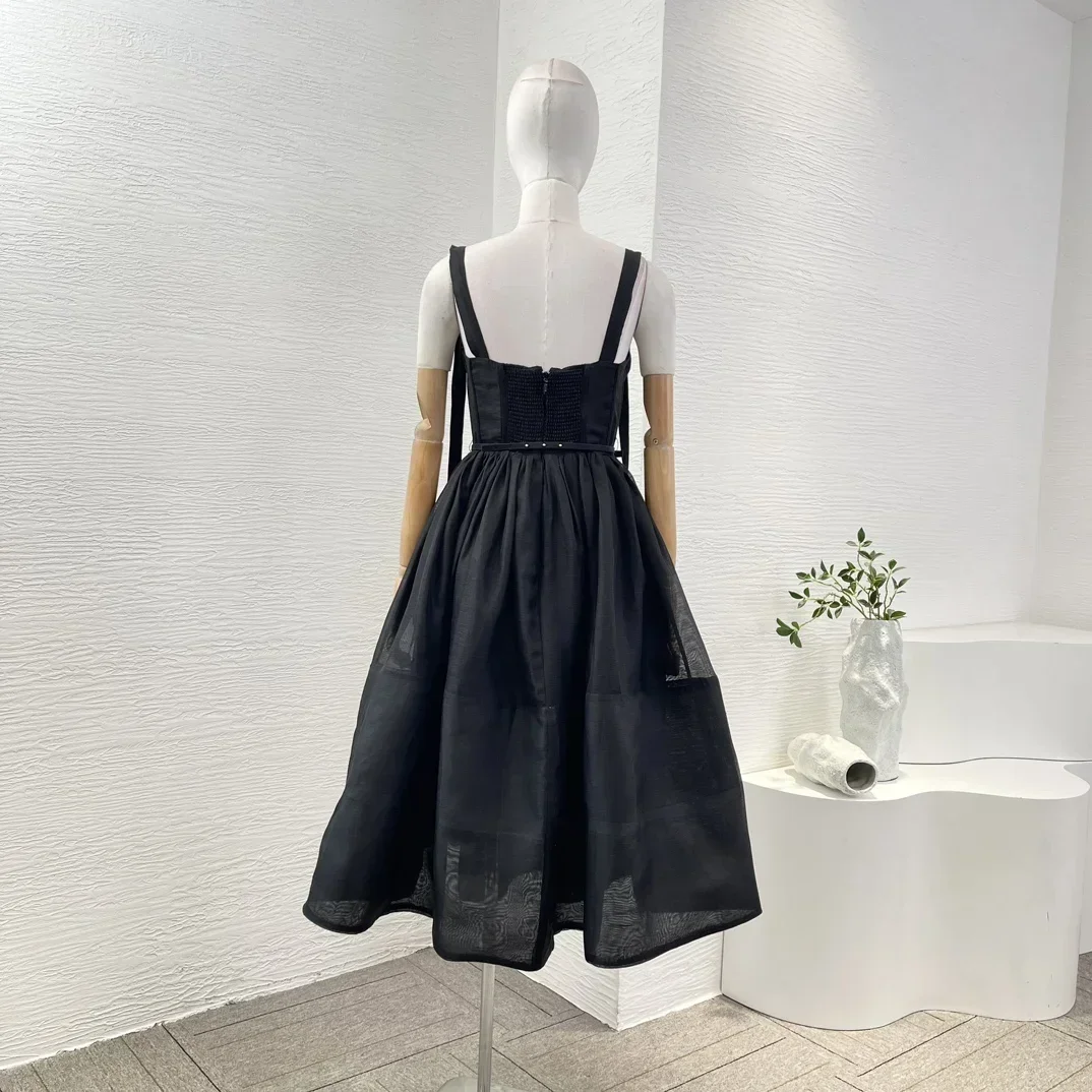 Linen Silk High Quality 2024 New Vintage Hot High Quality Black Sleeveless Bow Women Spaghetti Midi Dress