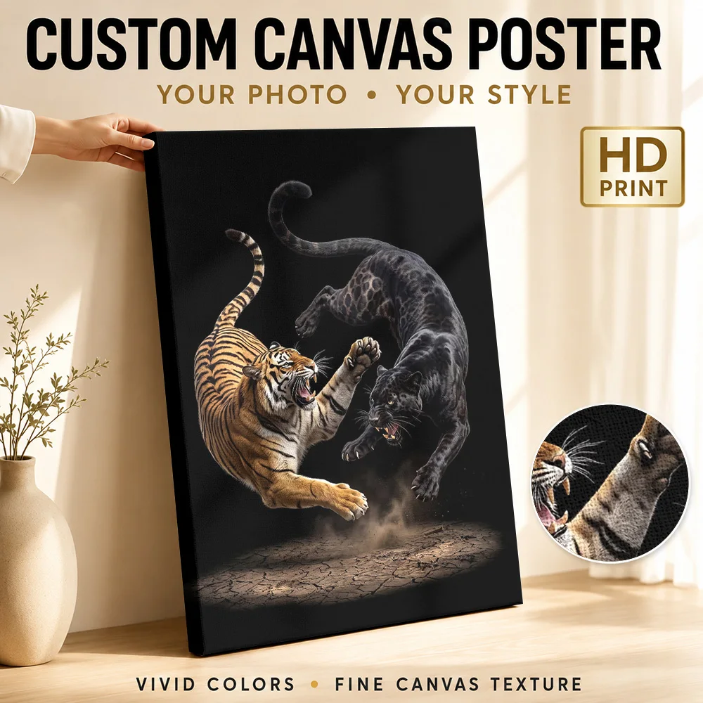 Angry Wild Tiger And Black Panther Fighting Canvas Poster Personalized Photo Gallery Aesthetic Study Wall Paintings Decoration