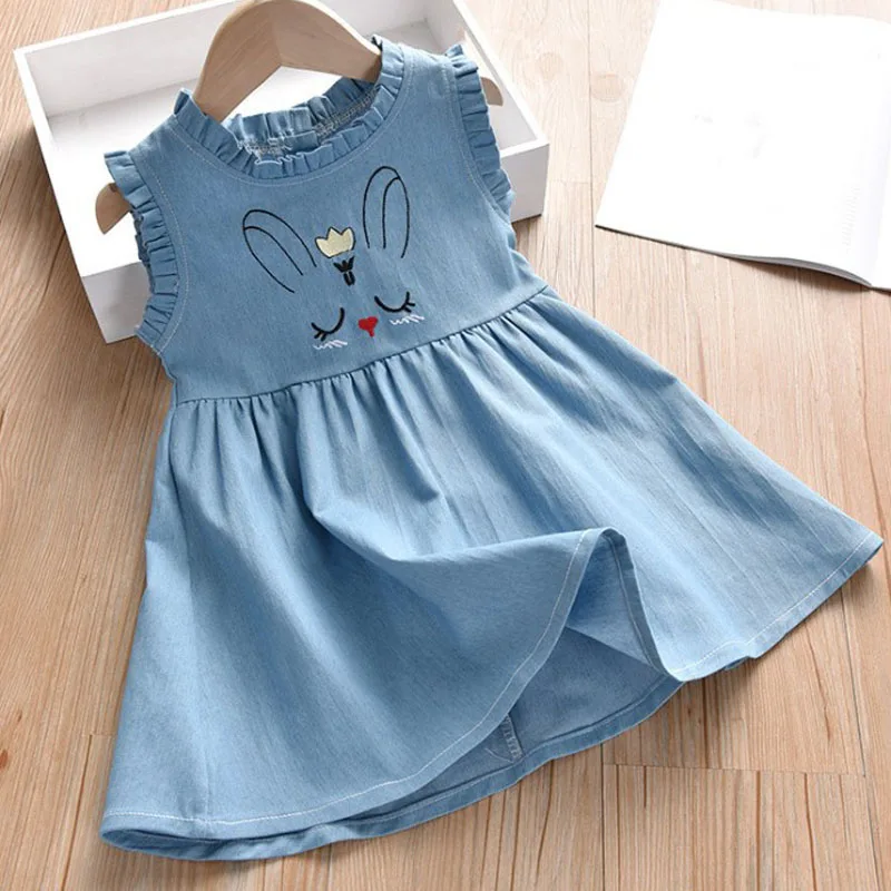 Baby Girl Dress New Children\'s Clothing Summer Cotton Denim Cowboy Cartoon Pattern Kids Clothes Girl Dresses