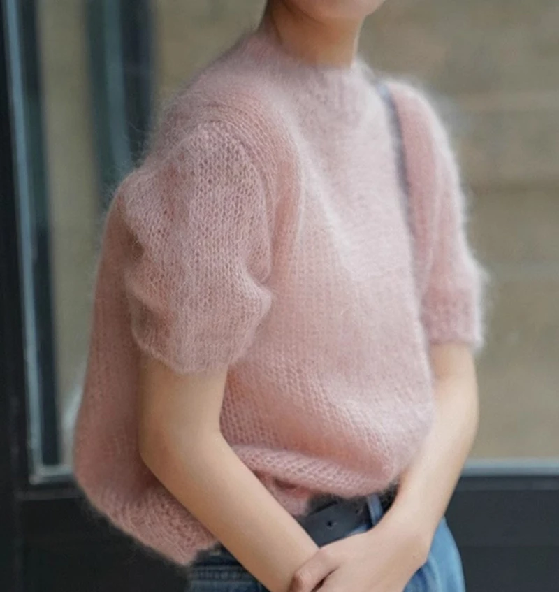 Pink Mohair Women\'s Sweater Summer O-Neck Short Sleeves All-matched Thin Knitted Tops Gentle Elegant Soft Female Pullovers