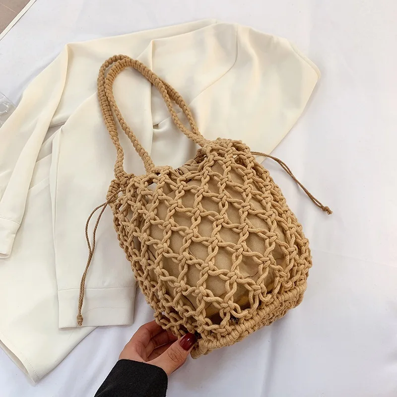 Sommer Strand Tasche Für Frauen Mesh Seil Gestrickte Eimer Schulter Taschen Reticulate Hohl Reise Shopper Totes Damen Mode Handtasche – Detail 3