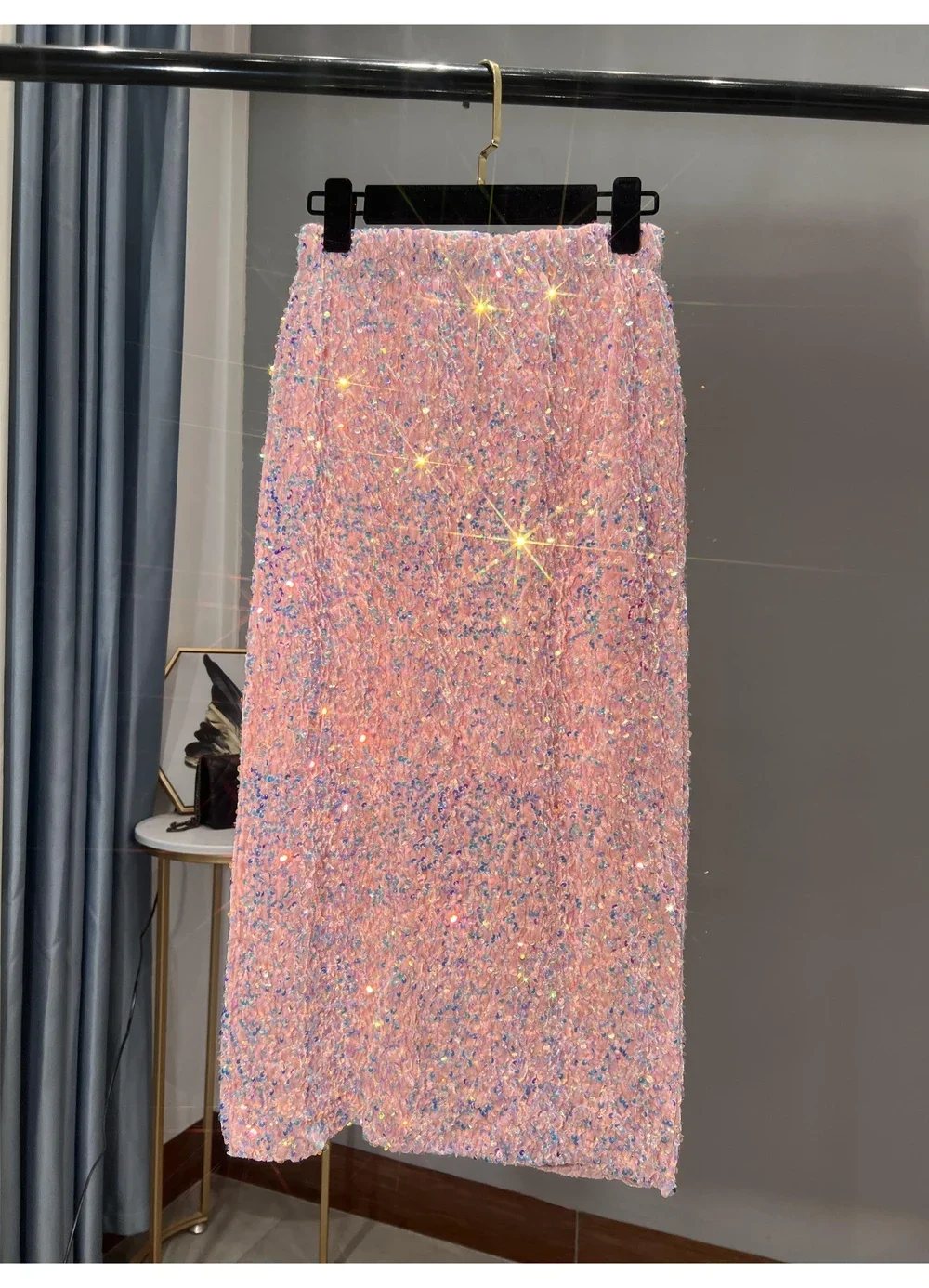 2024 New Thickened French High-waisted Slim, Versatile Mid-length Skirt with Hip Wrap Slit Black Sequin Skirt for Women
