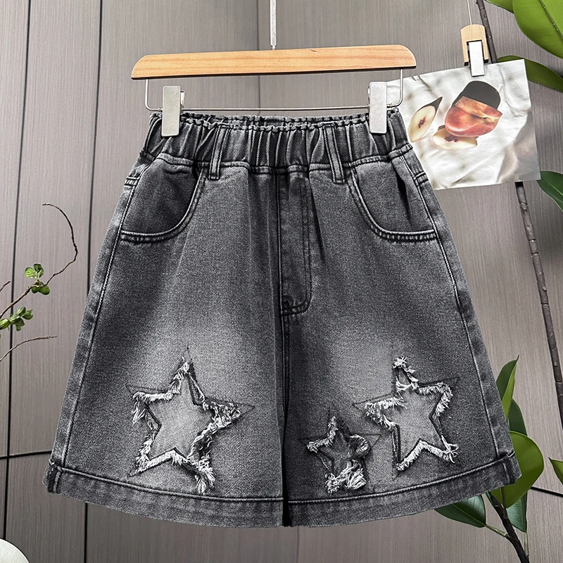 L-6XL حجم كبير الدنيم السراويل للنساء صيف 2025 عالية الخصر أسود فضفاض واسعة الساق جينس قصير النساء نجمة كبيرة الحجم جينس قصير