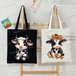 Cute Cow Print Canvas Tote Bag Women's Large Capacity Beach Shoulder Bag Student Casual Travel Shopping Bags Cartoon Cow Handbag