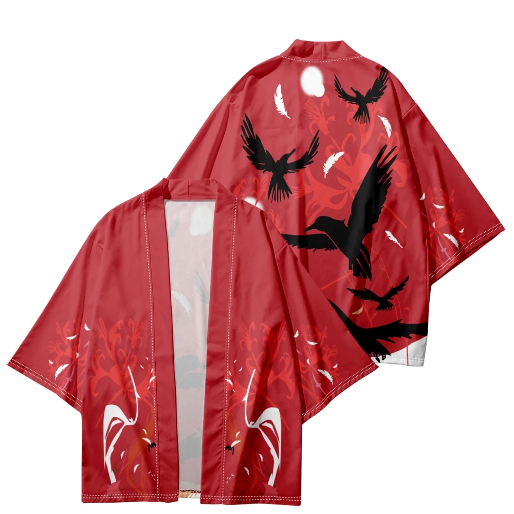 الصيف الشاطئ اليابانية الأحمر تأثيري كيمونو النمط الصيني المطبوعة كم قميص Haori موضة يوكاتا النساء الرجال رداء #1