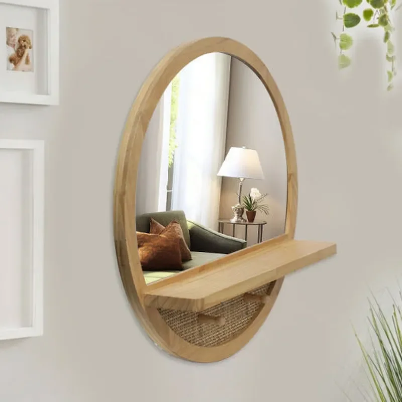 for Nordic Style Solid Wood Makeup Mirror Wall Hanging Decorative Rattan Mirror for Bedroom Dressing Table Entrance