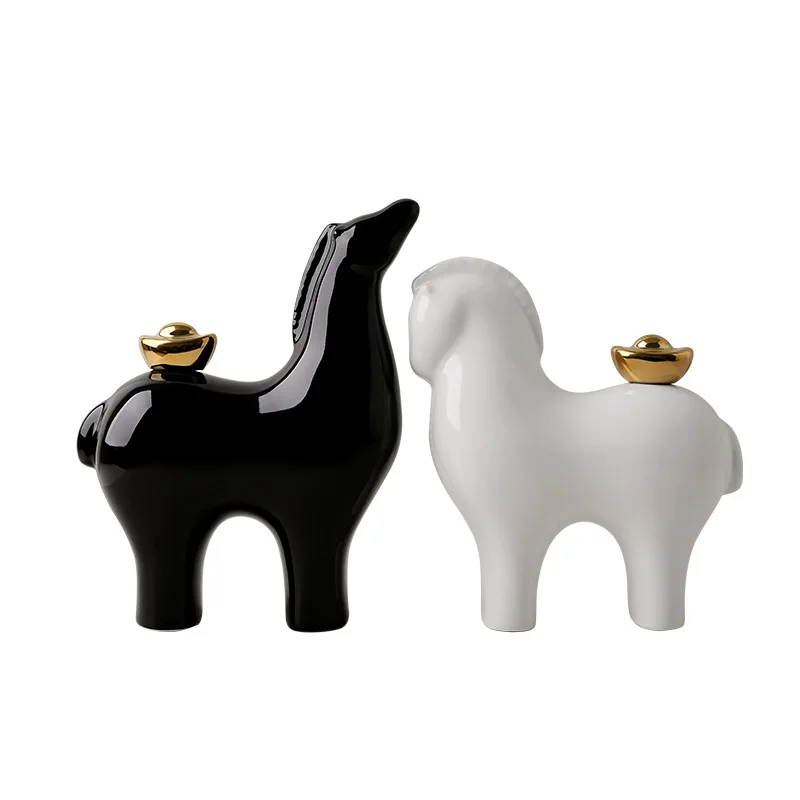 Black and White Pony Ceramic Statue, Decorative Desktop Art Accessories for Living Room and Foyer, Used As Home Gifts