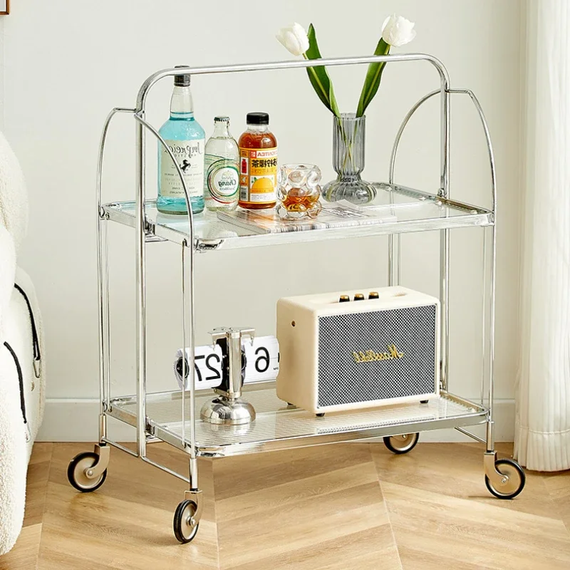 Vintage Glass Coffee Table  Easy-Clean  Rolling Cart  Ins  Serving Cart Foldable Storage Rack for Dining Rooms