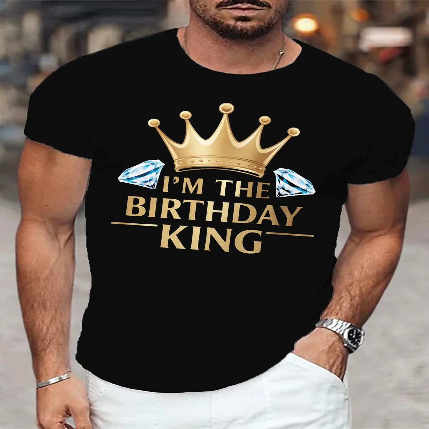 Men's Polyester Casual Crew Neck T-shirt with Crown and Diamonds - _I'M THE BIRTHDAY KING_ Geometric Print, Regular Fit Short Sleeve Knit Tee for Summer Funny Shirt, Cute Tee,