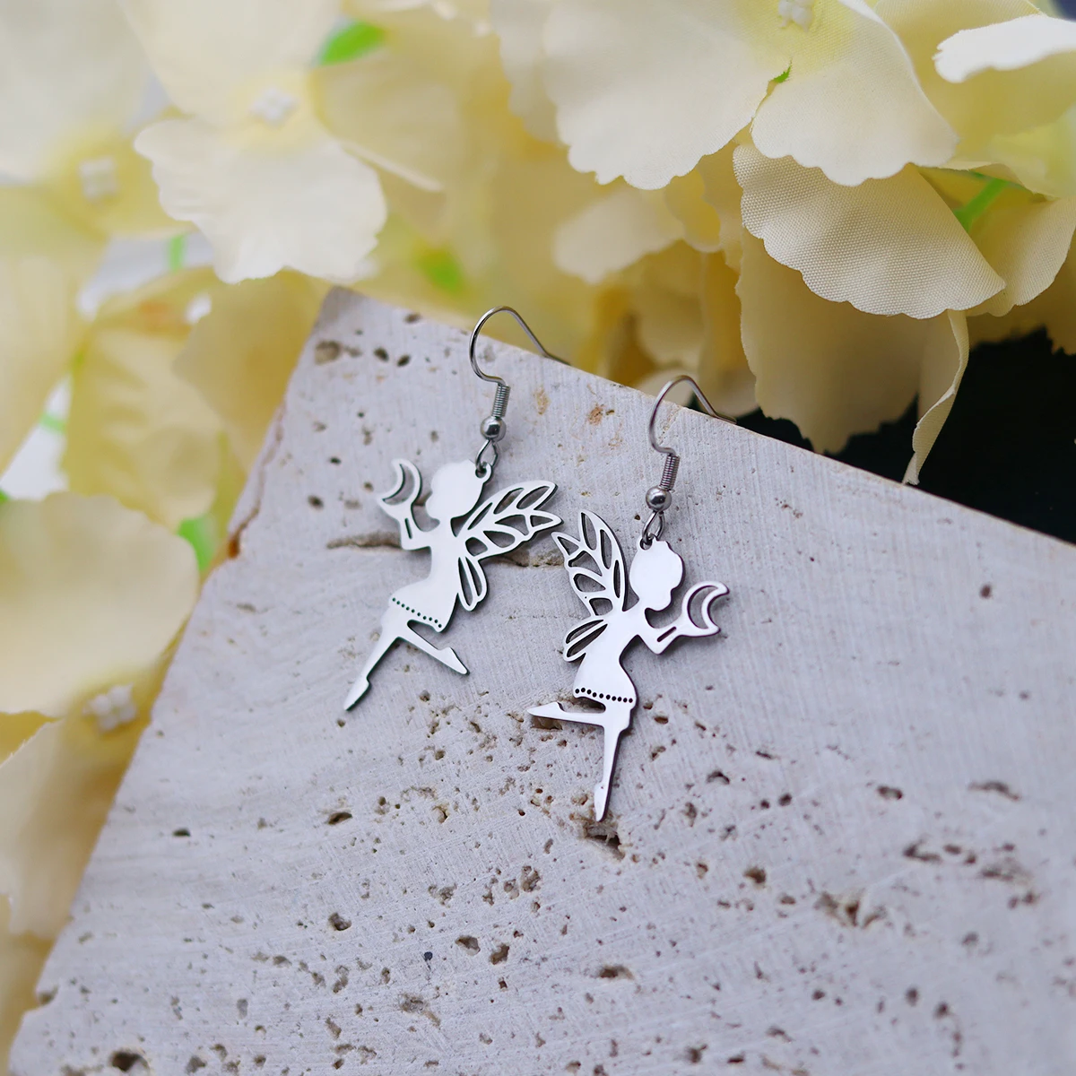 Kinitial Elfen-Feen-Ohrringe aus Edelstahl, lange Quasten-Ohrringe, Schmetterlingsflügel, Mond-Schmuck, Geschenke für Frauen und Mädchen