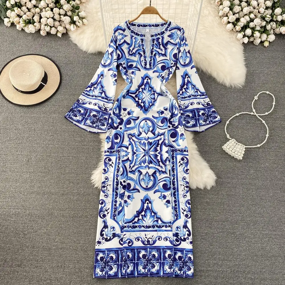 Summer Runway Blue And White Porcelain Long Dress Women O-Neck Flare Sleeve Floral Print Bohemian Side Split Loose Robe Vestidos