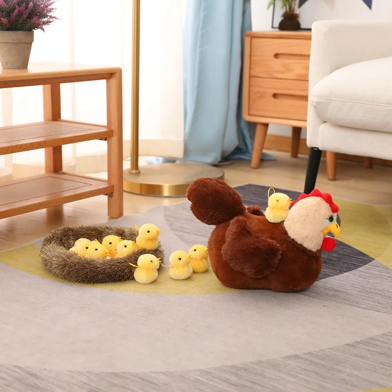 Gallina + pollo + nido juguetes de peluche Kawaii animales lindos decoración casera muñecos de peluche pollo de dibujos animados juguetes de peluche