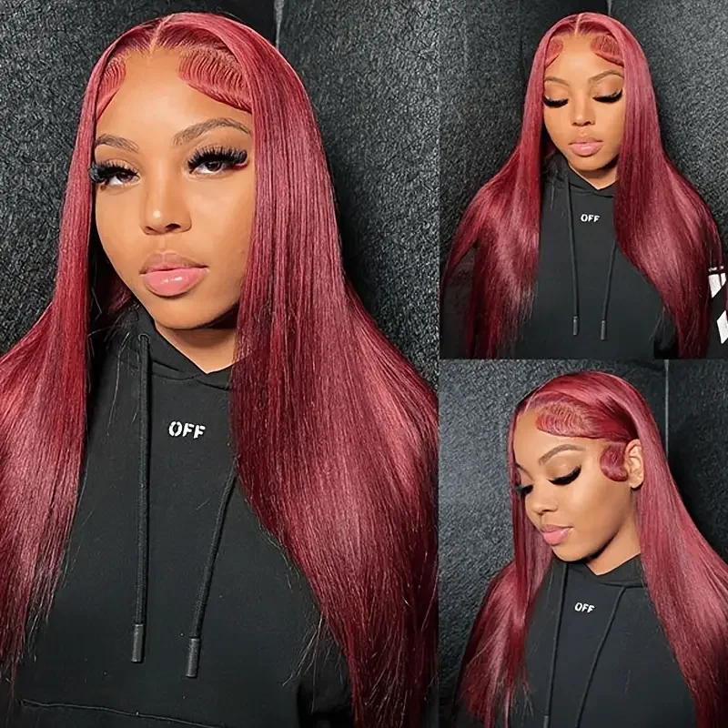 99J Transparent Lace Frontal Human Hair Wig Pre Plucked Red Straight Colored 13x6 Lace Front Human Hair Wigs For Women Glueless