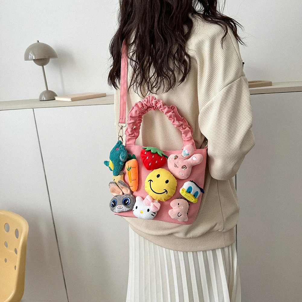 Girls Canvas Shoulder Bag Adjustable Strap Women Cartoon Crossbody Handbags Casual Versatile Funny Patchwork Toy Figure Tote Bag