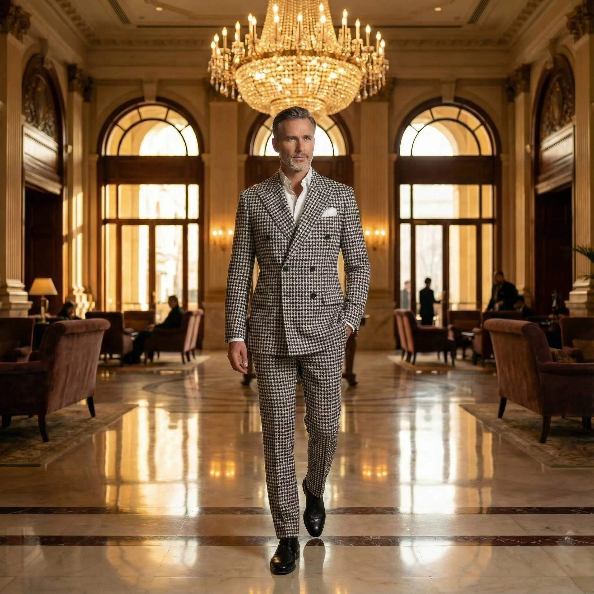 

Classic Suits Men Double Breasted Jacket Pant 2 Pieces Sets Plaid Tweed Woolen Men's Attire Groom Dinner Tuxedos