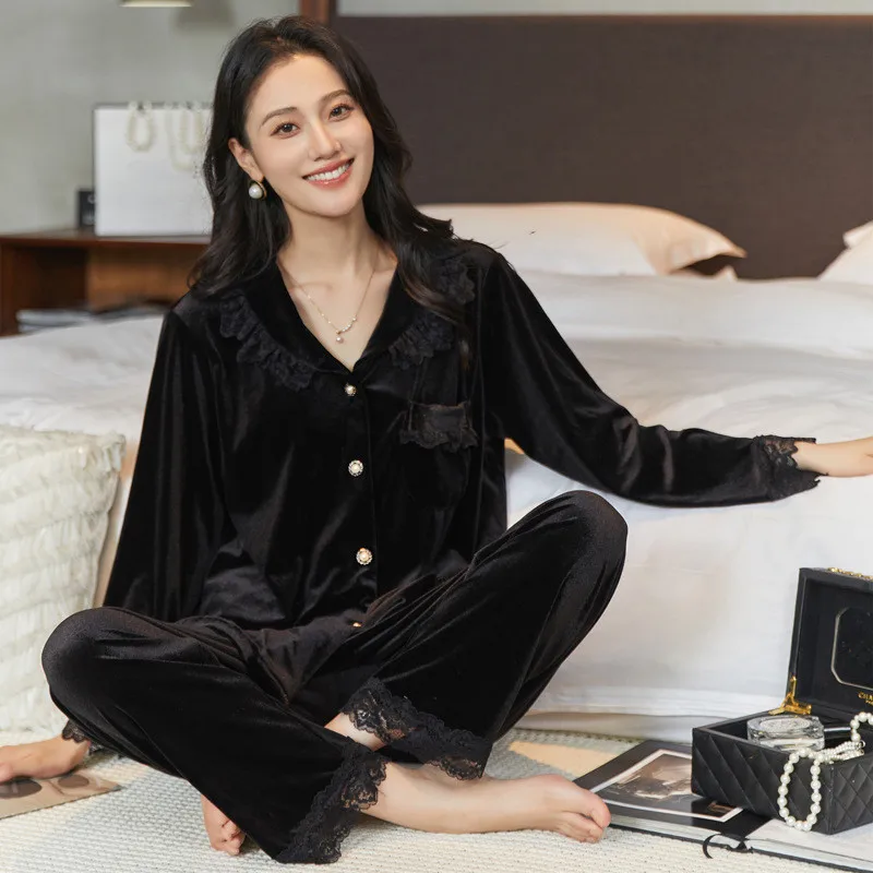 

V-Neck 2Pcs Sleepwear Women Lace Velour Pajamas Set Spring Sleep Sets Female Shirt&pants Home Wear Long Sleeve Pyjamas Suit