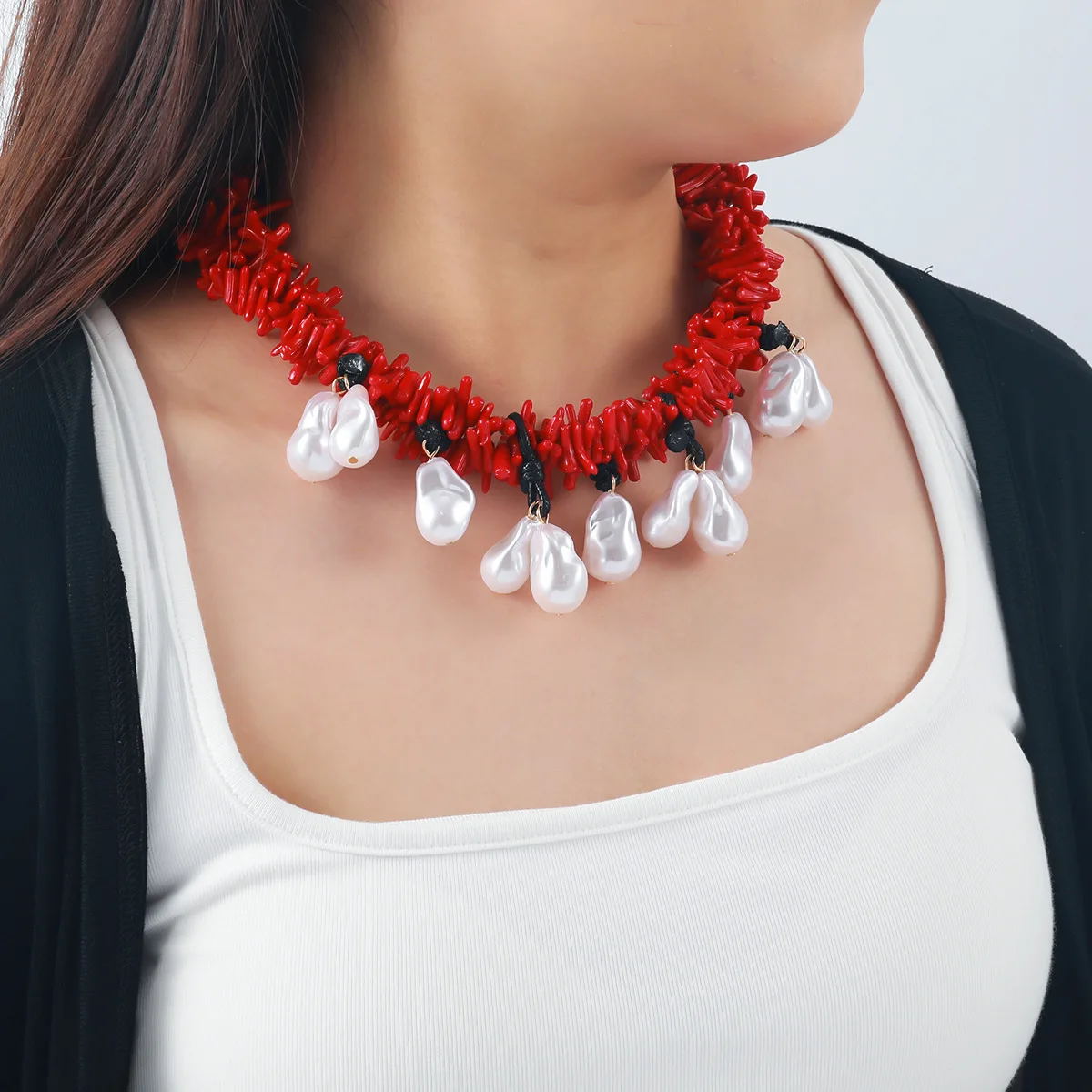 

ZAA Trend Women Boho Jewelry Red Resin Coral Beaded Choker Pearl Pendant Necklaces Elegant Summer Holiday Party Accessories Gift