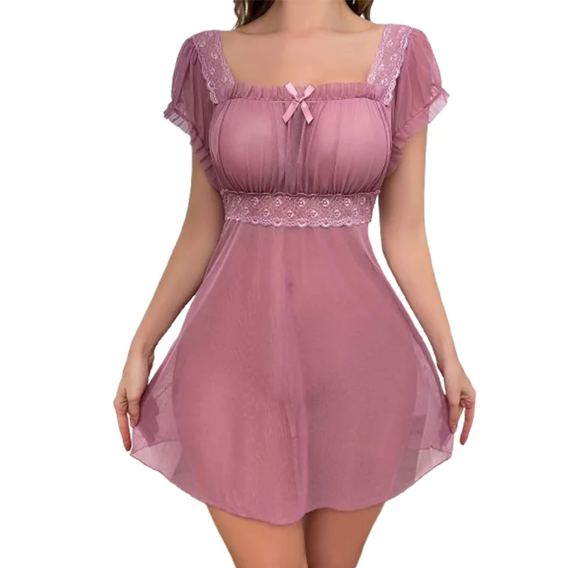 

Sexy Dress Light Mesh Lace Bust-enhancing With Bow Embellishments Backless Alluring Women's Nightdress For Woman Elegant 80HE