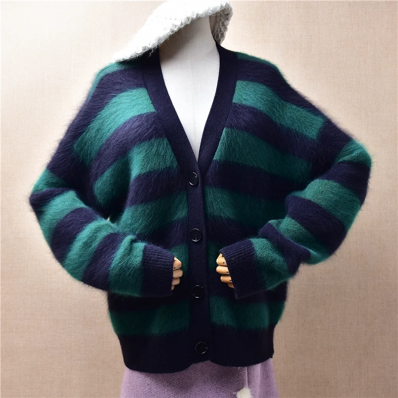 Women Mujer Autumn Winter Clothing Striped Hairy Angora Rabbit Hair Knitted V-Neck Long Sleeves Loose Cardigans Sweater Jacket