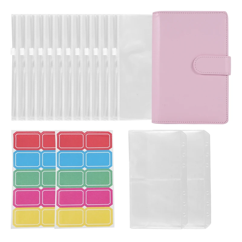 

A6 PU Ring Binder,6 Round Rings Notebook Binder 14Pcs Plastic Zippered Envelopes Pockets,With Label Stickers