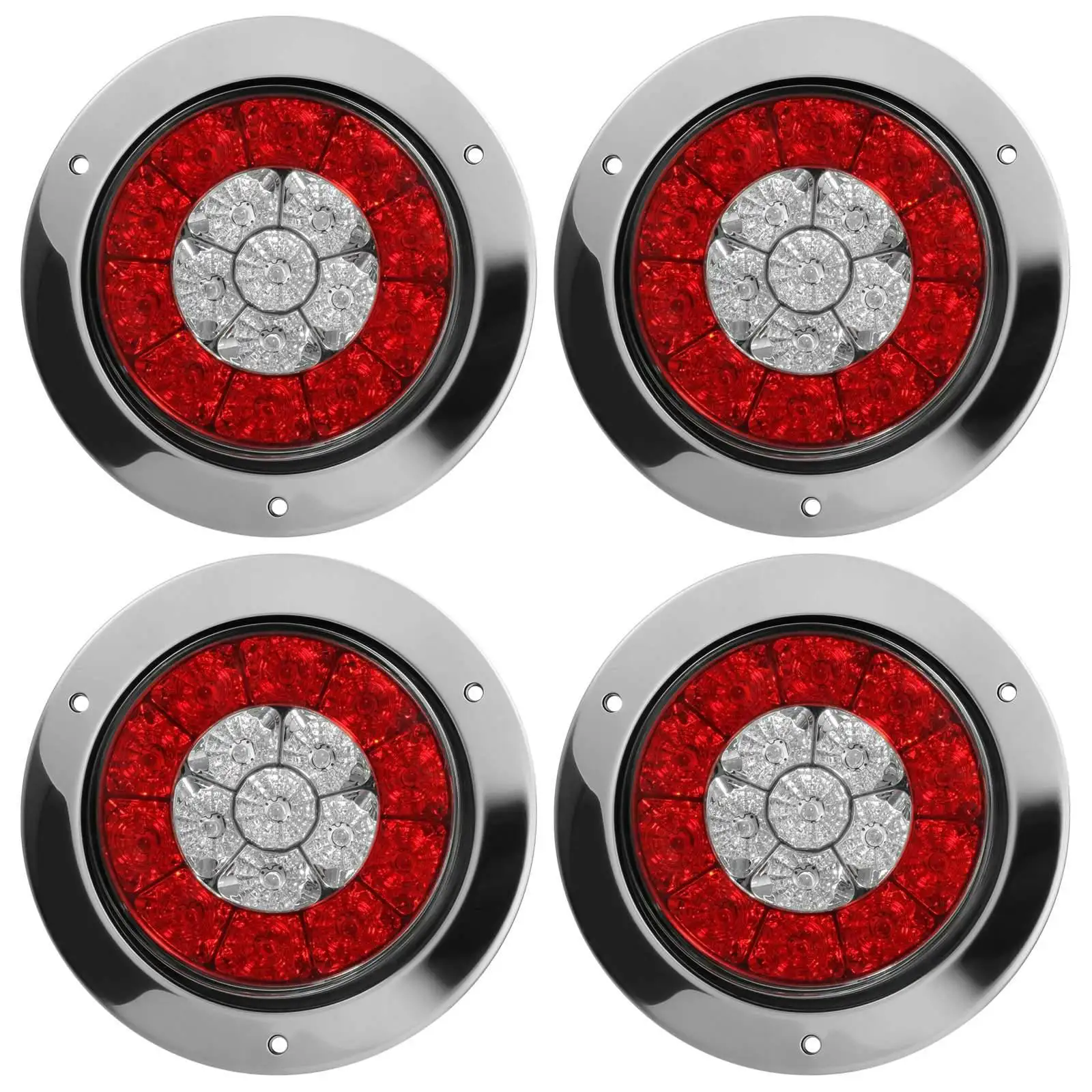 

4Pcs 12-24V 16 LED 4inch Round Truck Trailer RV Brake Stop Turn Tail Signal Light Red Amber Chrome Waterproof