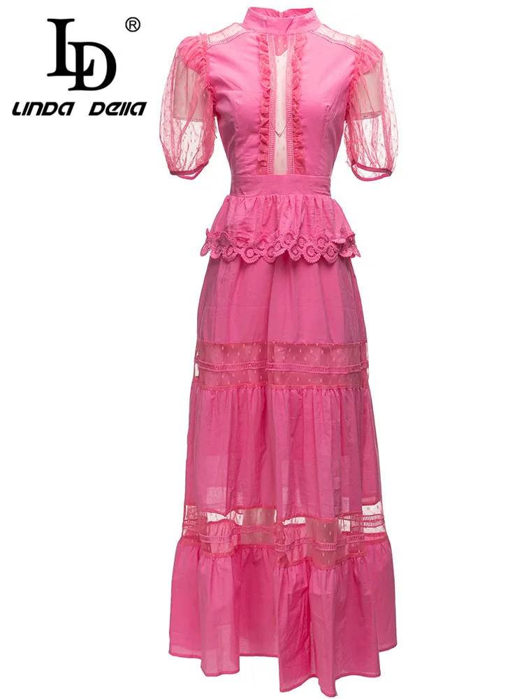 

LD LINDA DELLA Runway Designer Pink Dress Women's Summer Puff Sleeve Hollow Out Ruffle Splice Elegant Party Long Dress