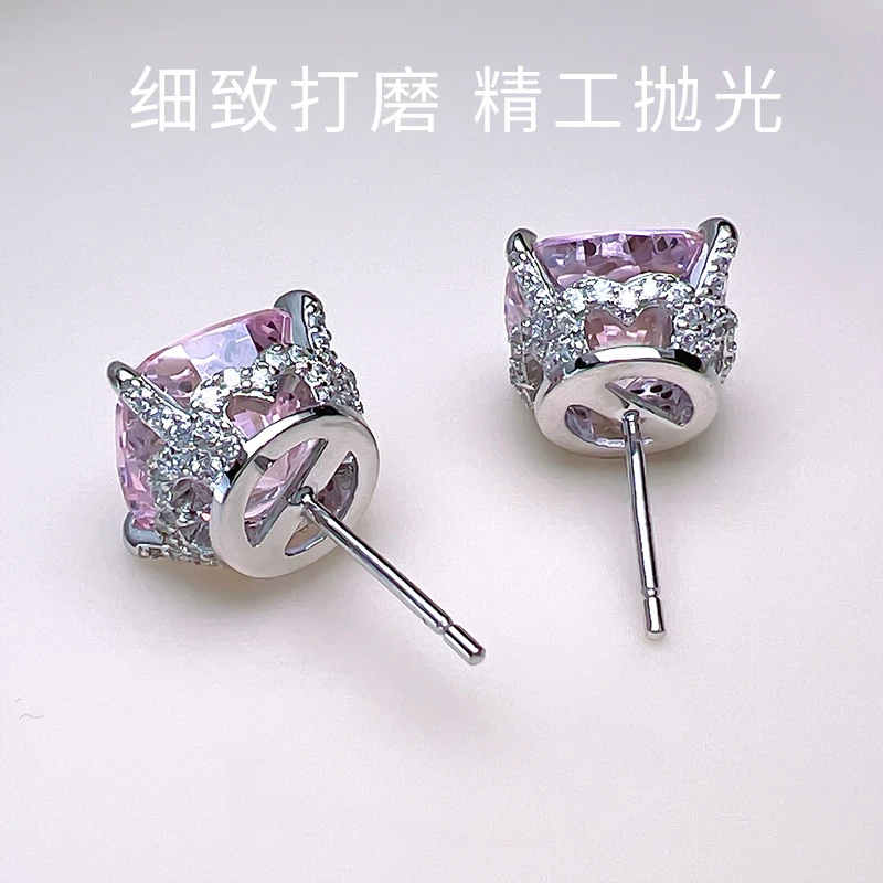 5 Carat Cherry Blossom Pink Diamond S925 Silver Earrings Imported High Carbon Diamond Fat Square Earrings Engagement Jewelry