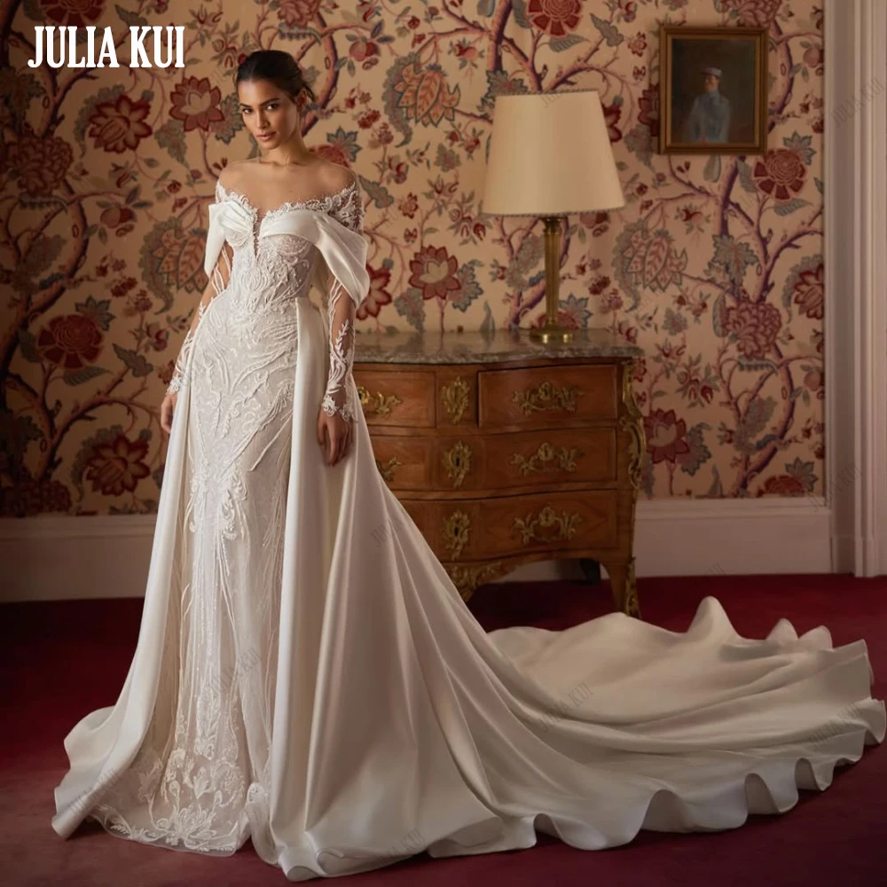 

Julia Kui Custom Made Vintage Lace Satin 2 In 1 Mermaid Wedding Dresses Shiny Beaded Pearls Applique Beauty Trumpet Bridal Gowns