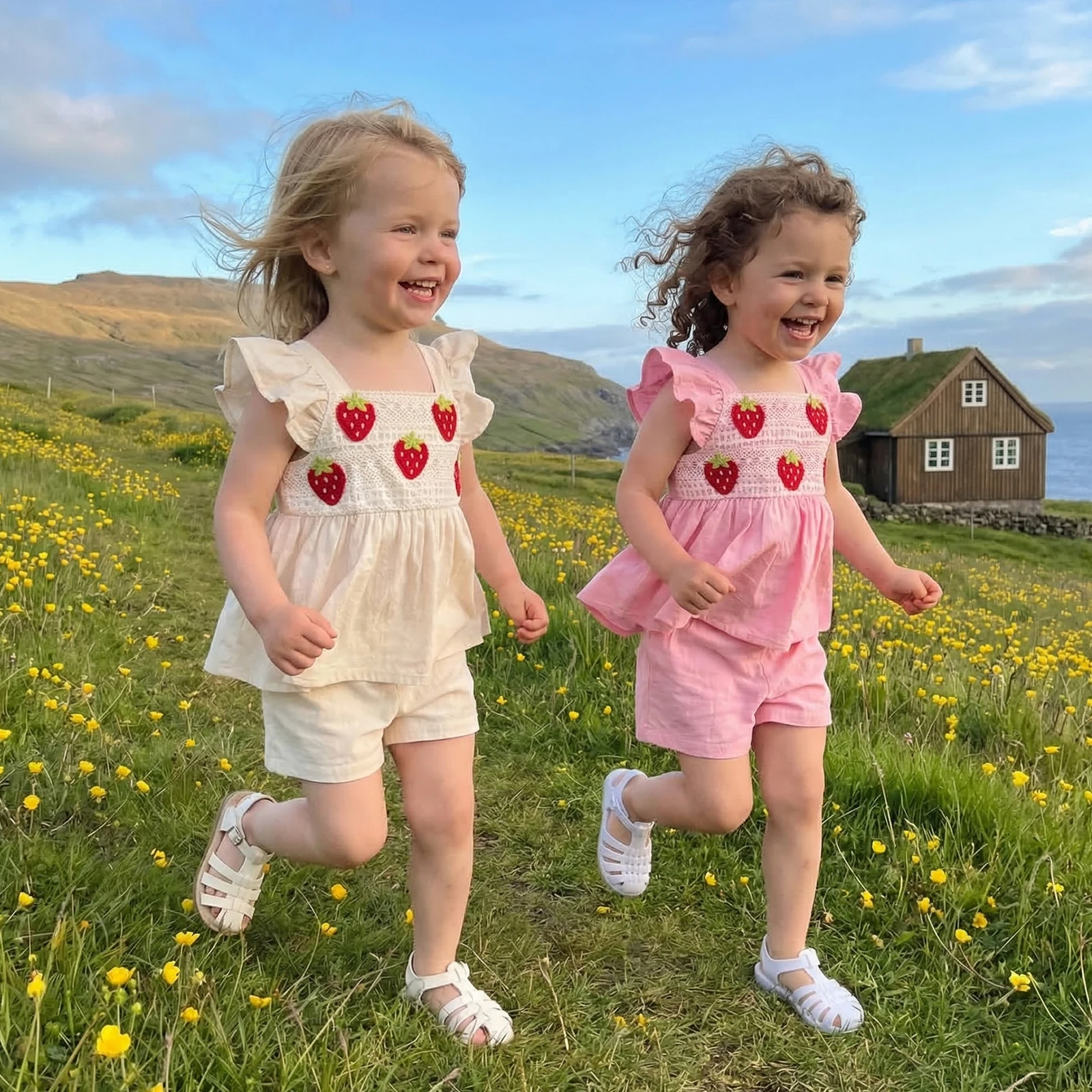 Toddler Baby Girls Summer Outfit Fashionable Strawberry Embroidery Flying Sleeve Tank Tops with Shorts 2Pcs Set