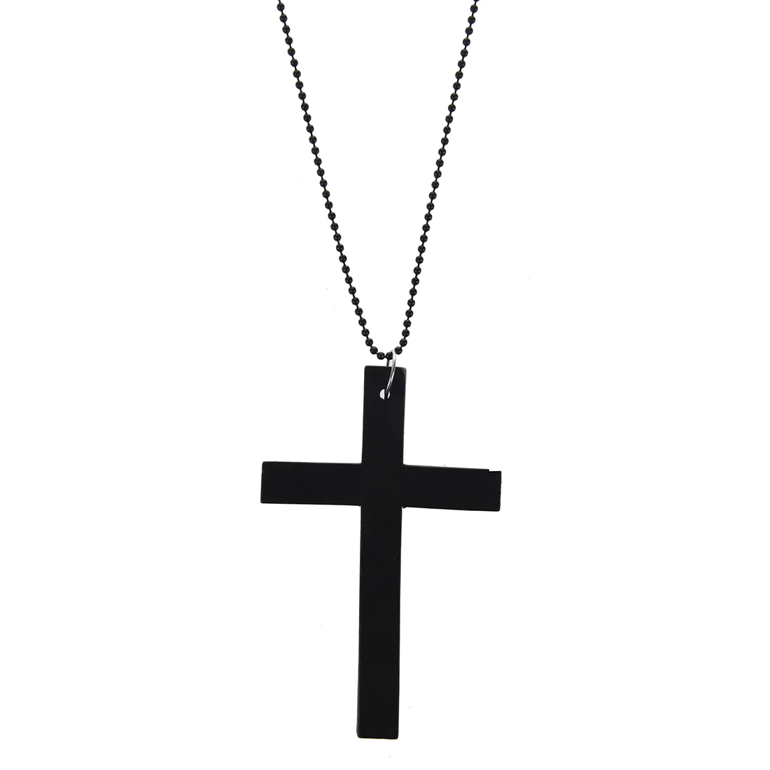 Collier avec Pendentif Croix en Métal Noir, Perle en Bois