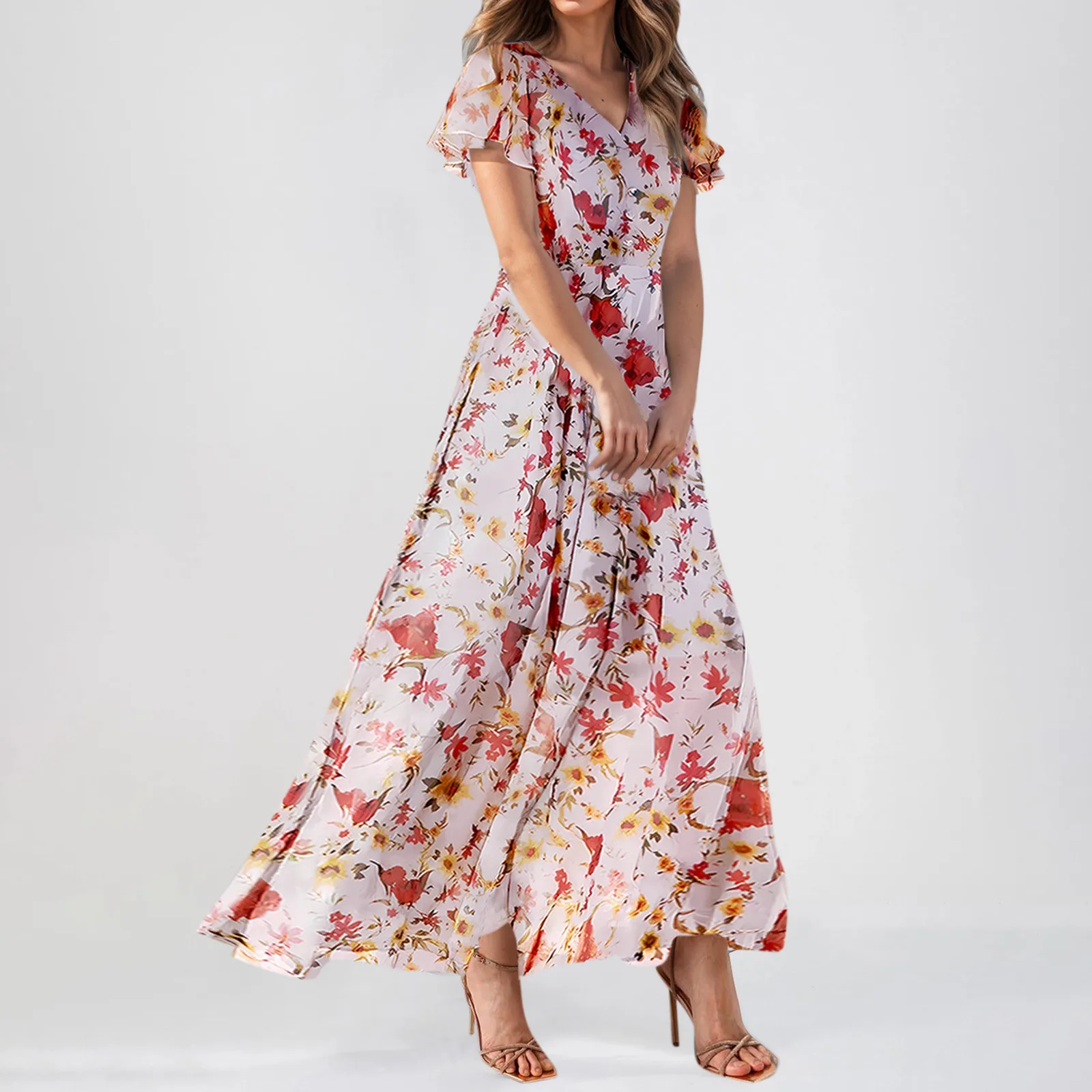 Dames Zomer Casual Korte Mouw V-Hals Elegante Maxi Jurk Met Bloemenprint Bruiloft Gast Chiffon Vloeiende Vakantie Strandjurken