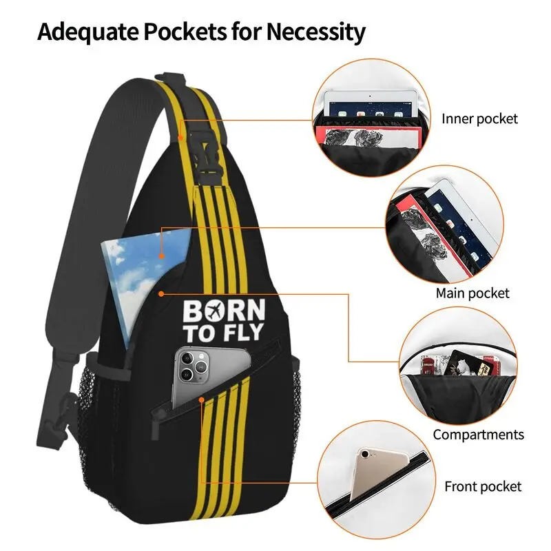 Mochila personalizada Born To Fly Captain Stripes para hombre, bandolera para el pecho, mochila de aviador de aviación, piloto de vuelo