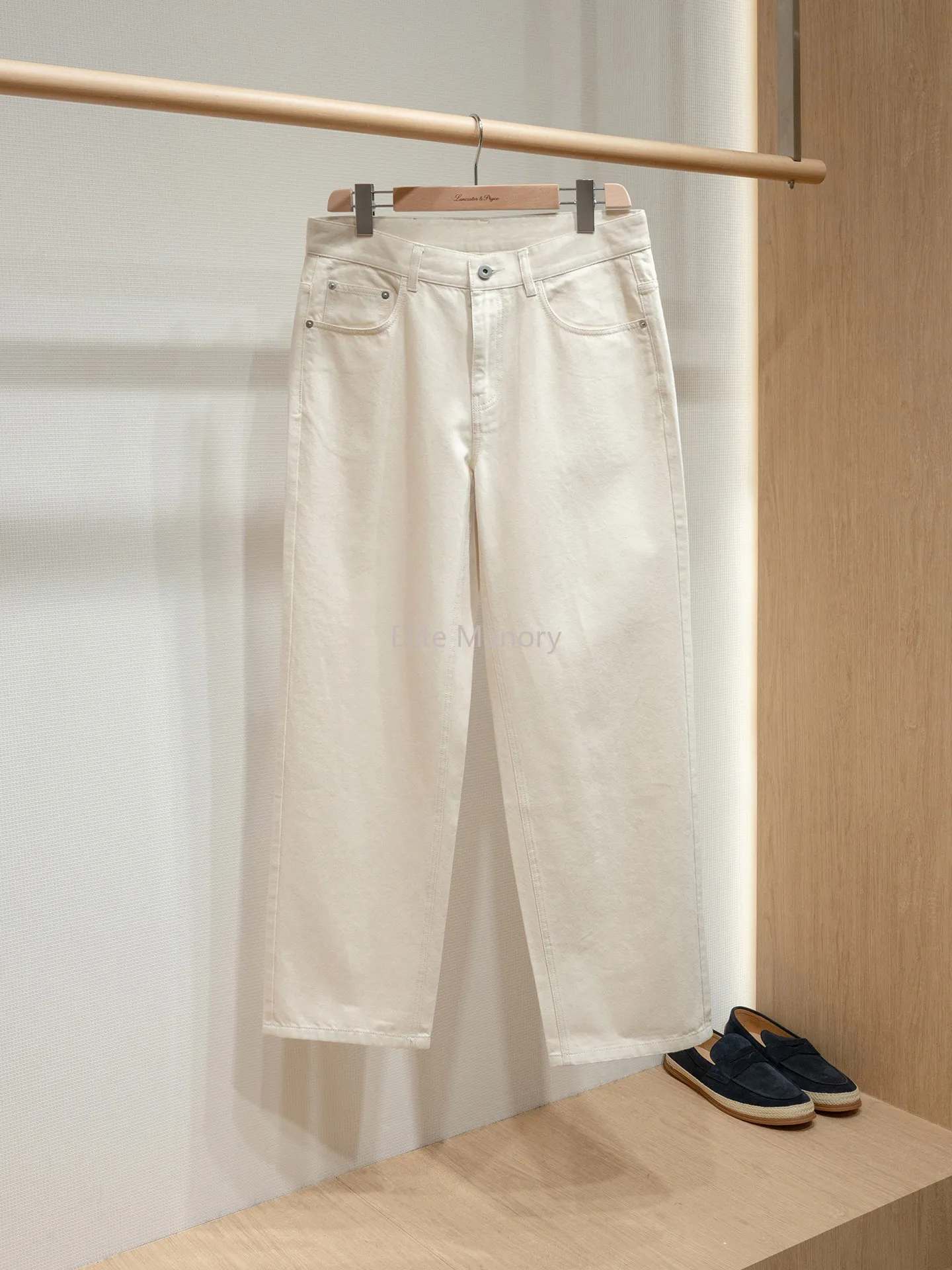 

[Turkish Fabric] 14 ounces washed cotton denim loose straight white jeans