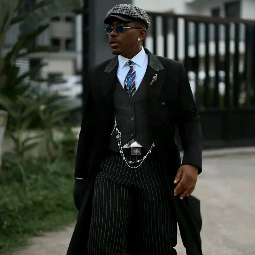 Luxury Men Black 3 Piece Suit WooleLong Jacket Gray Waistcoat Pinstripe Pants Vintage Formal Business Wedding Gentlemen Outfit