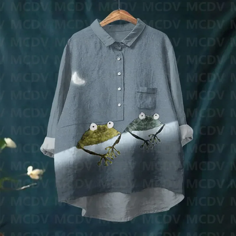 Women's Simple Frog Color Block Art Print Casual Lapel Blouse