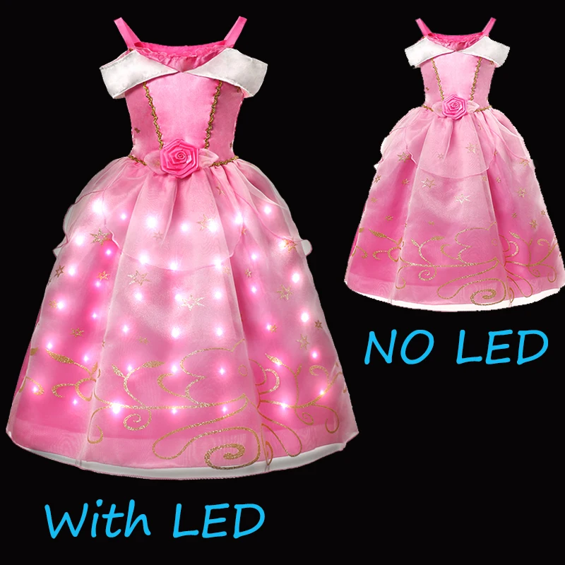 Light Up Pink Princess Sleeping Beauty Costume for Girls Birthday Party Outfit Christma Cosplay Dress up with Accessories 2-10T